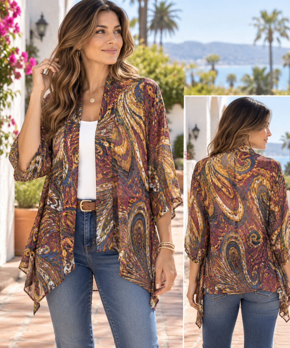 Chenault Petite Small Paisley Kimono Cardigan Open Front Boho 3/4 Sleeve NWT